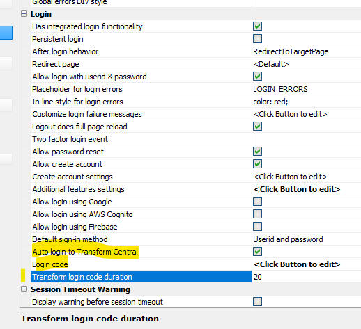 Login UX component showing the Auto login to Transform Central
property.